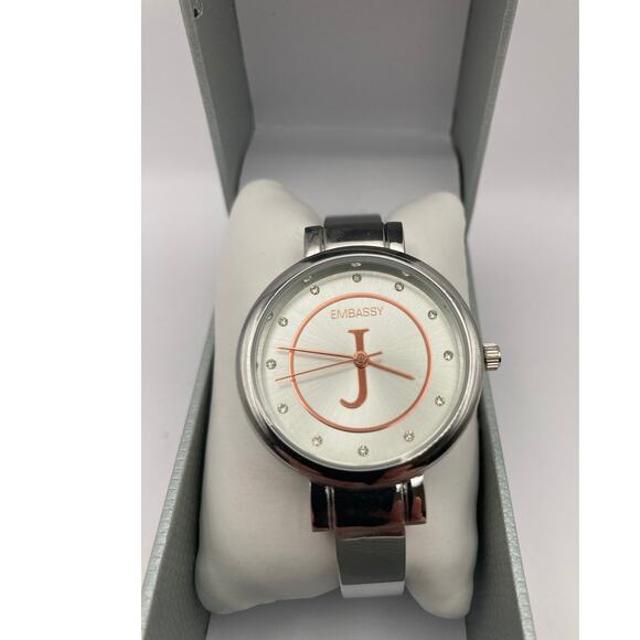 Women's Embassy Cuff Bracelet Watch Silver w/ Rose Gold Dial w/ Box New Battery - Picture 1 of 4